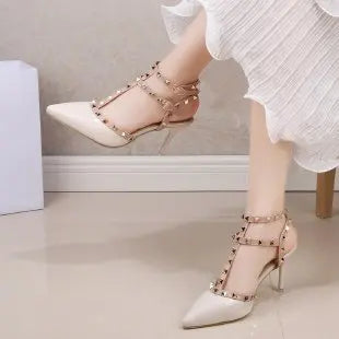 Summer High-heeled Women's Sandals Fashion Brand Design Pointed Rivet Red Casual Shoes Large Size 41-43 Creamy-white