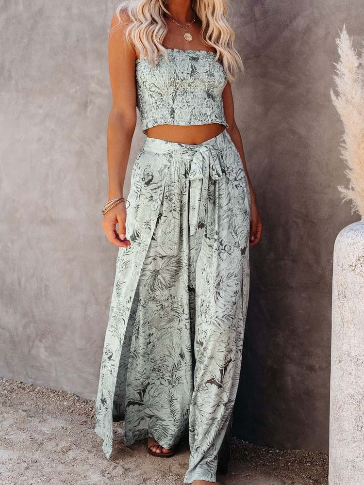 Sexy 2 Pieces Sets Blue Printing Summer Women Floral Clothes Sets Tank Top Wide Leg Pants Outwear