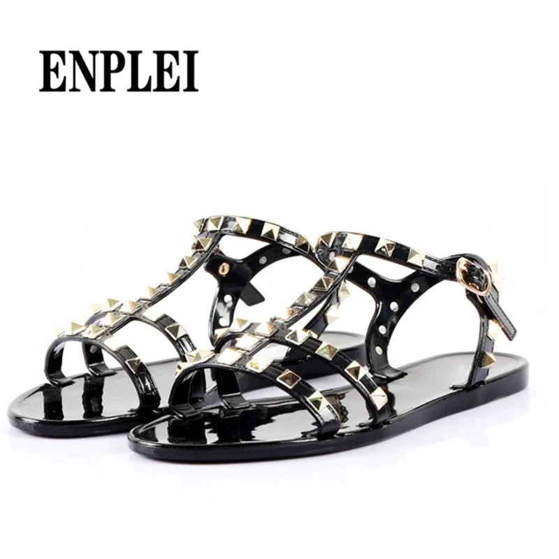 Fashion Summer Rivets Flat Comfortable Women Sandals Feminina Slippers Size 36-41 black