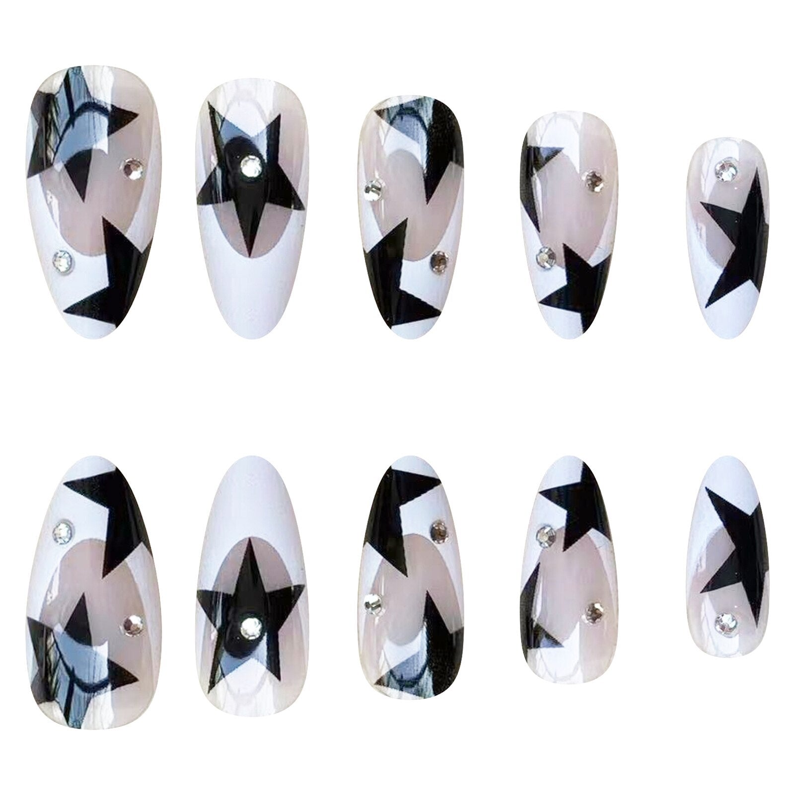 Short Almond Y2k Nails Press On Nail With Black Pentacle Star Designs 24pcs White French False Nails Rhinestone Fake Nail Tips