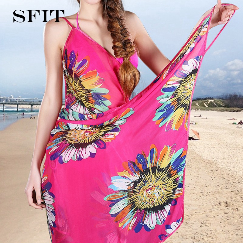 Printed Cover-ups Sexy Beach Dress Halter Sling Chiffon Beach Towel Bikini Wrap Pareo Skirts Open-Back Swimwear