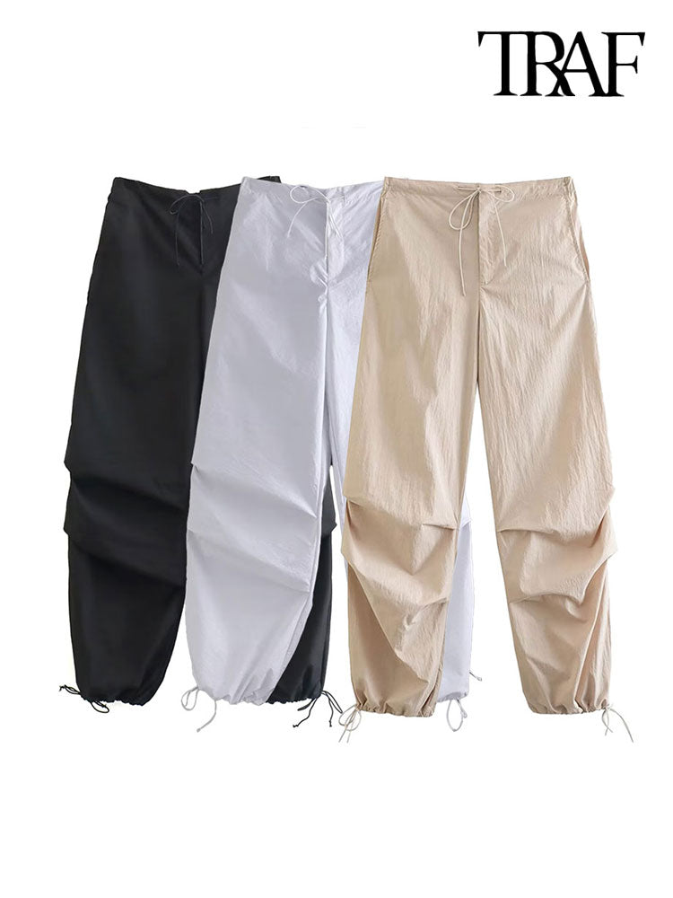 TRAF 女性ファッションサイドポケットプリーツ膝ジョギングパンツヴィンテージ高弾性ウエスト巾着女性のズボン Mujer