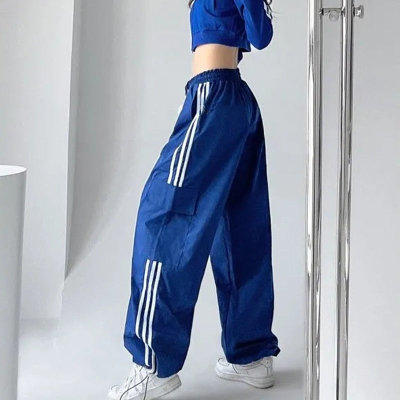Striped Sweatpants Women Hip Hop Streetwear Baggy Wide Leg Cargo Pants Bf Y2K High Waist Drawstring Joggers Trousers Blue