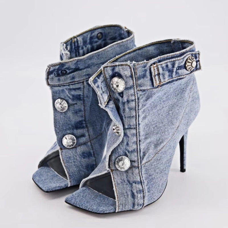 Summer Brand New Pocket Design Fashion Denim High Heel Sandals Popular Charming Woman Shoes Comfort Slippers Big Size