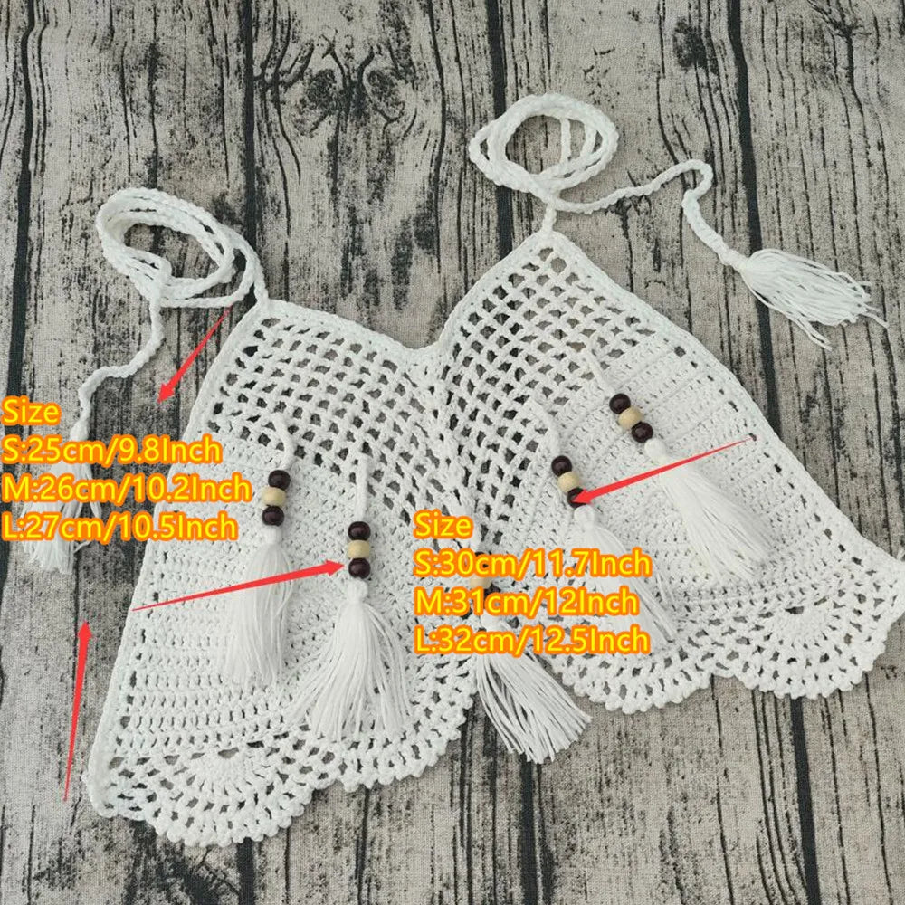 Vintage Boho Hand Crochet Bikini Set Wooden Bead Fringe Crop Swimwear