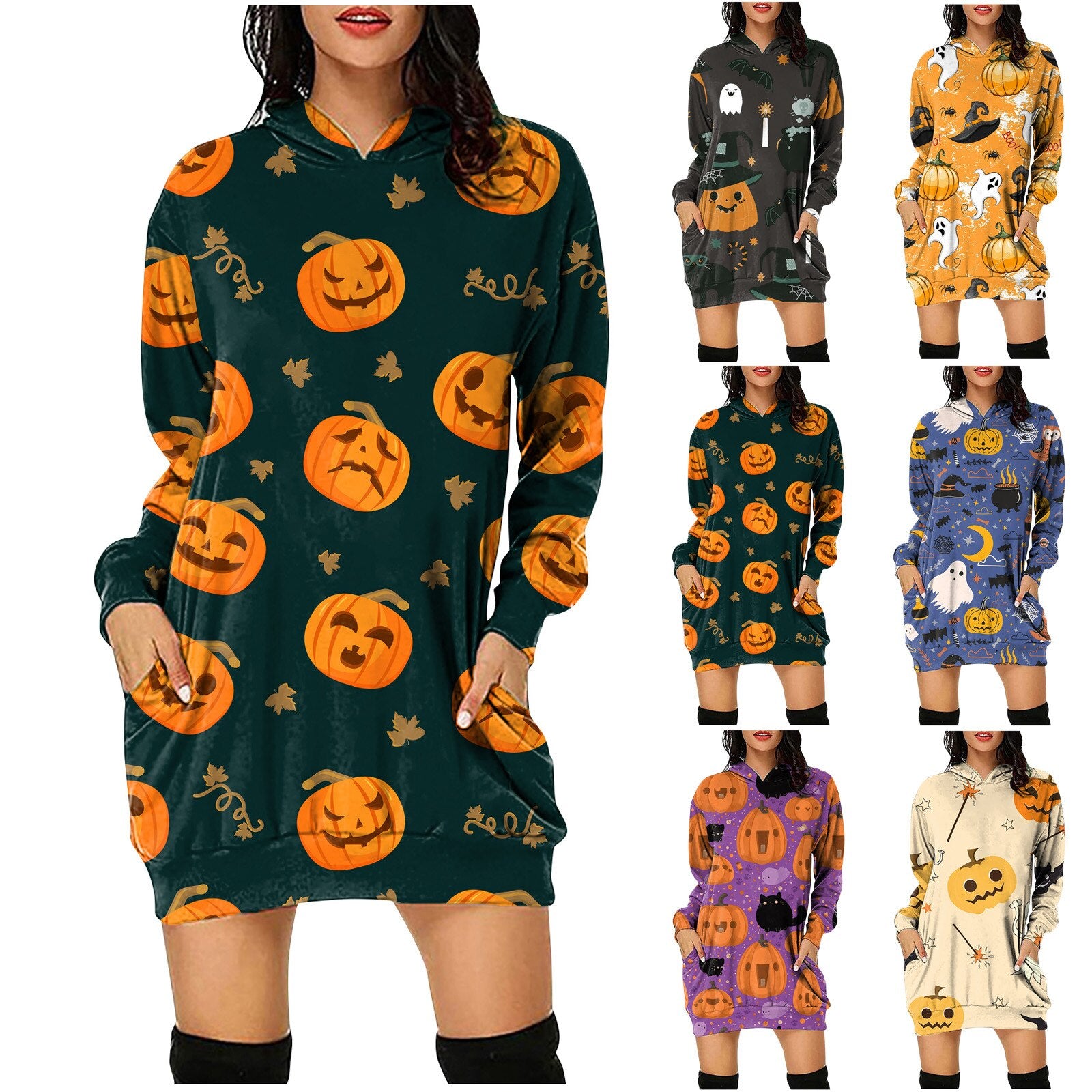Women's Halloween Pumpkin Printed Sweater Hooded Long Sleeve Dress Sweatshirt Female Women Autumn Spring Casual Hoodies Clothes