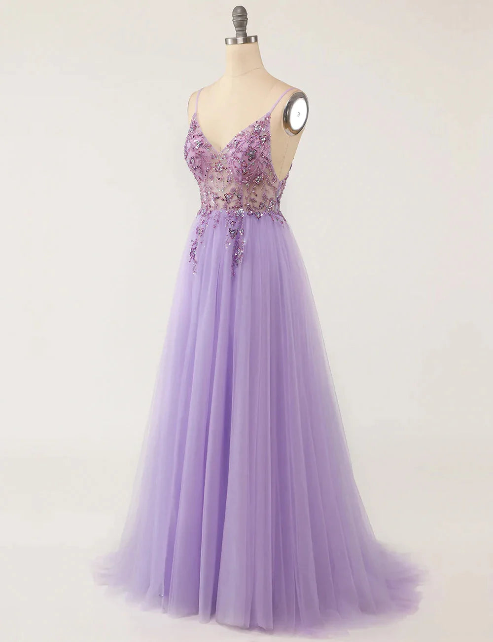 Gorgeous Evening Dresses for Women Sexy V Neck Crystal Beaded Beads Backless Spaghetti Straps Formal Purple Prom Gown