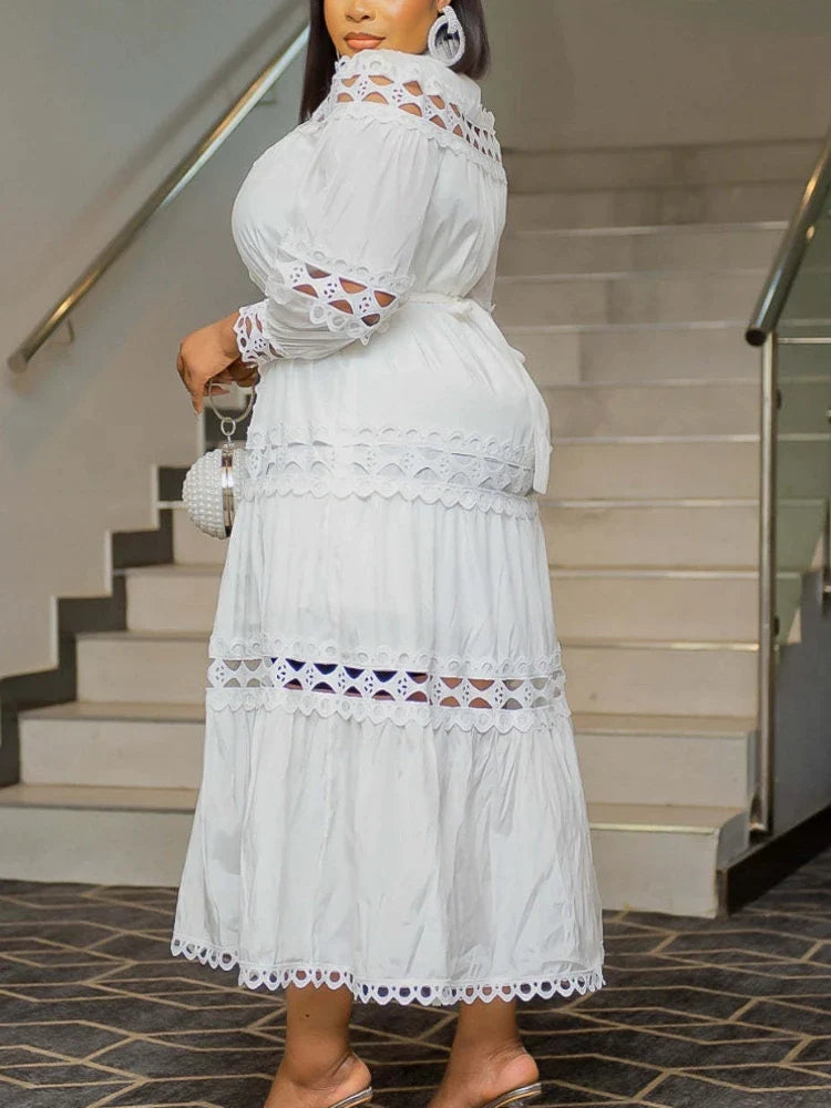 Elegant Women Hollow Out Lace Splice Mock Neck Lantern Long Sleeve Midi Dress with Belt Casual Party Club Outfits Plus Size