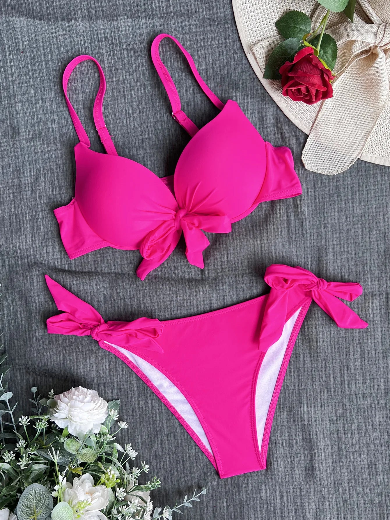 sexy front bow knot push up bikinis two pieces solid swimsuit tie bikini swimsuit Swimwear Biquini conjunto de bikini tankini Rose Red