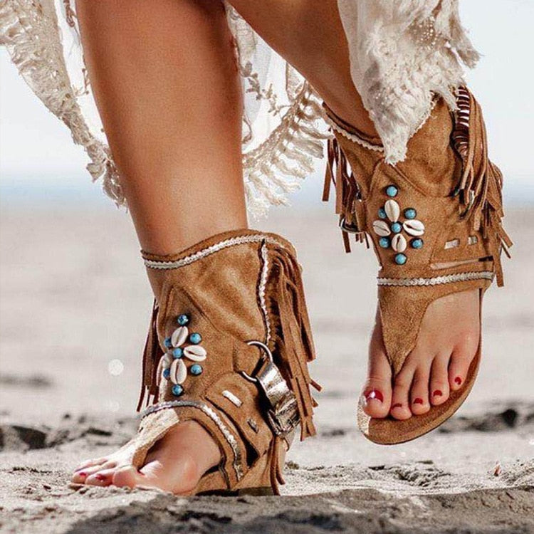 Rétro femmes frange fleur chaussures à semelles compensées solide troupeau plage sandales décontractées femmes été tongs sandales
