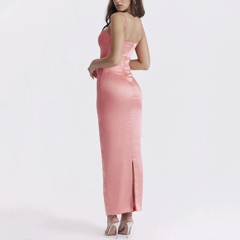 Women Maxi Dress Summer Satin Pink Solid Square Neck Suspender Slim Formal Occasion Evening Party Dresses Free Shipping
