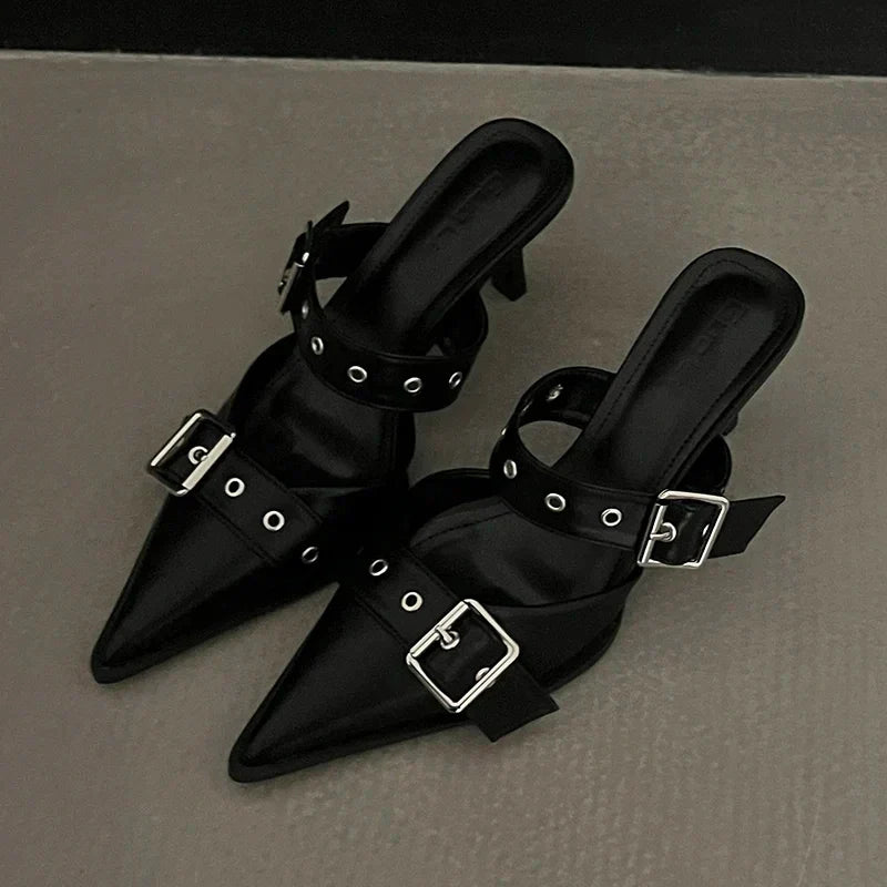 Punk Goth Metal Buckle High Heels Women's Sandals Summer Pointed Toe Silver Party Shoes Fashion Womens Pumps Shoes Tacones