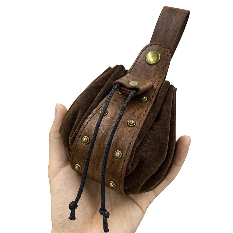 Unisex Medieval Vintage Money Pouch Bag Fanny Pack Belt Costume Props Faux Leather Cosplay Drawstring Bag Portable Coin Purse Brown2