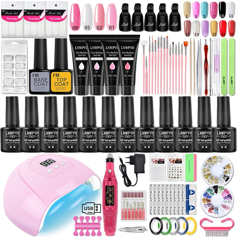 Varnish Nail Set Acrylic Nail Kit For Nail Extensions Gel Nail Polish Set With UV Nail Lamp Electric Nail Drill Manicure Tools X4 12-4 Fixed Color