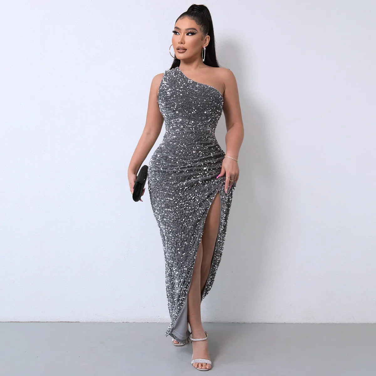 Party Dresses For Women Sexy Sequin Night Robe One Shoulder Sleeveless Bodycon Evening Maxi Dress Clothing Dark Gray