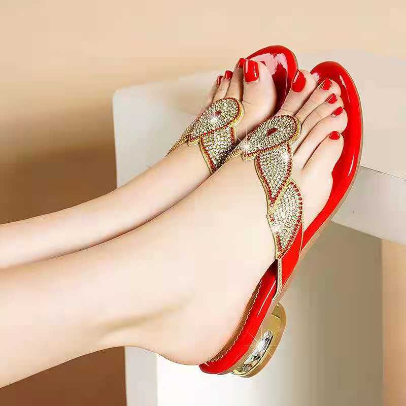 Women's Shoes - New Rhinestone Sandals Women's Soft Leather Bottom Flip-flops Korean Version Beach Shoes