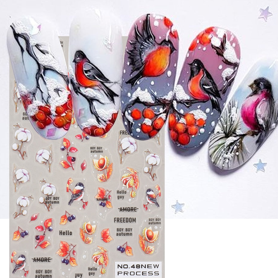 Snow Bird Winter Autumn Nail Art Stickers Maple Leaf Cotton Flower Fall Design Line Adhesive Sliders Manicure Decoration JINO-48