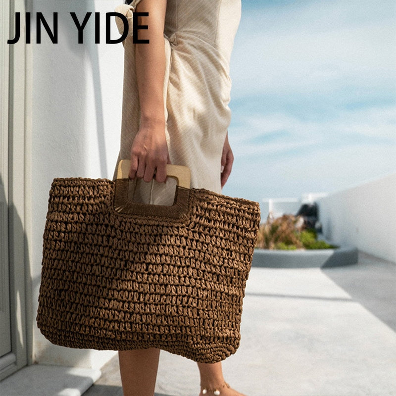 Summer Straw Handbag Wooden Handle Large Capacity Paper Rope Woven Straw Bag 2024 New Fashion Summer Vacation Travel Beach Bag