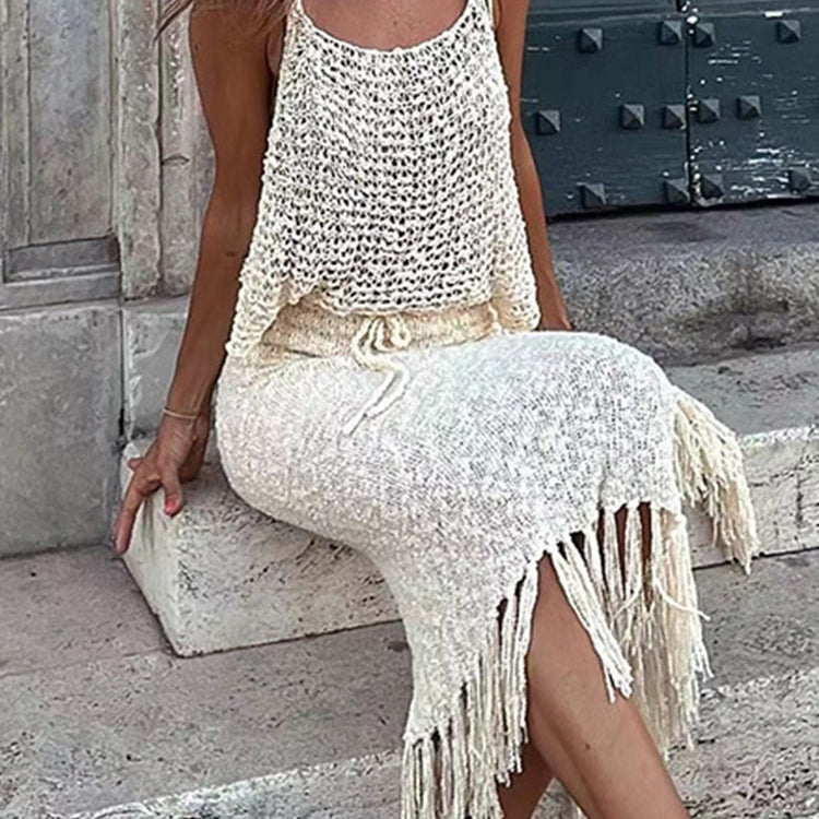 Two Piece Sets Knitted Camisole Blouse Tassel Skirts Women Sexy See Through Summer Mesh Beach Dress Suits Hollow Out Sling Tops