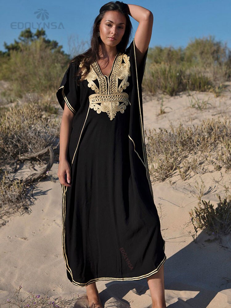 Plus Size Kaftan Beach Tunic Women Summer Beachwear Swimsuit Cover Up 660-Black