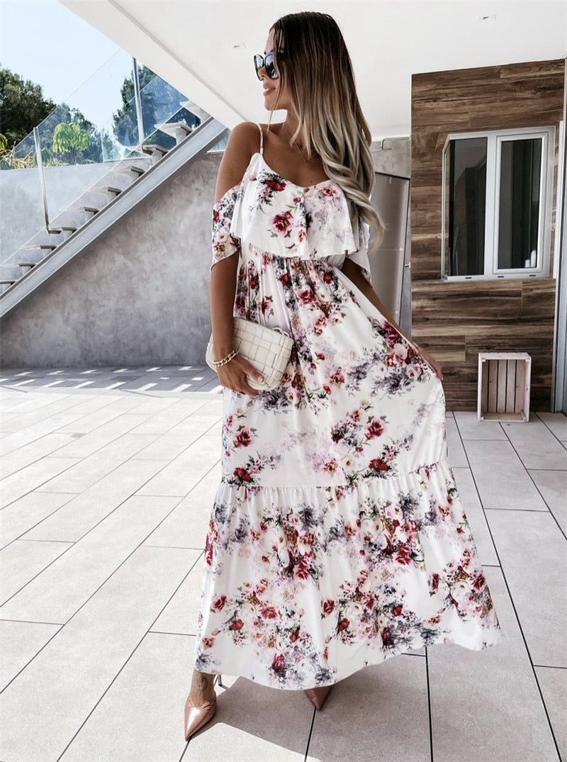 Women Boho Floral Cold Shoulder Elegant fashion Maxi Dress Ladies Summer Ankle-Length