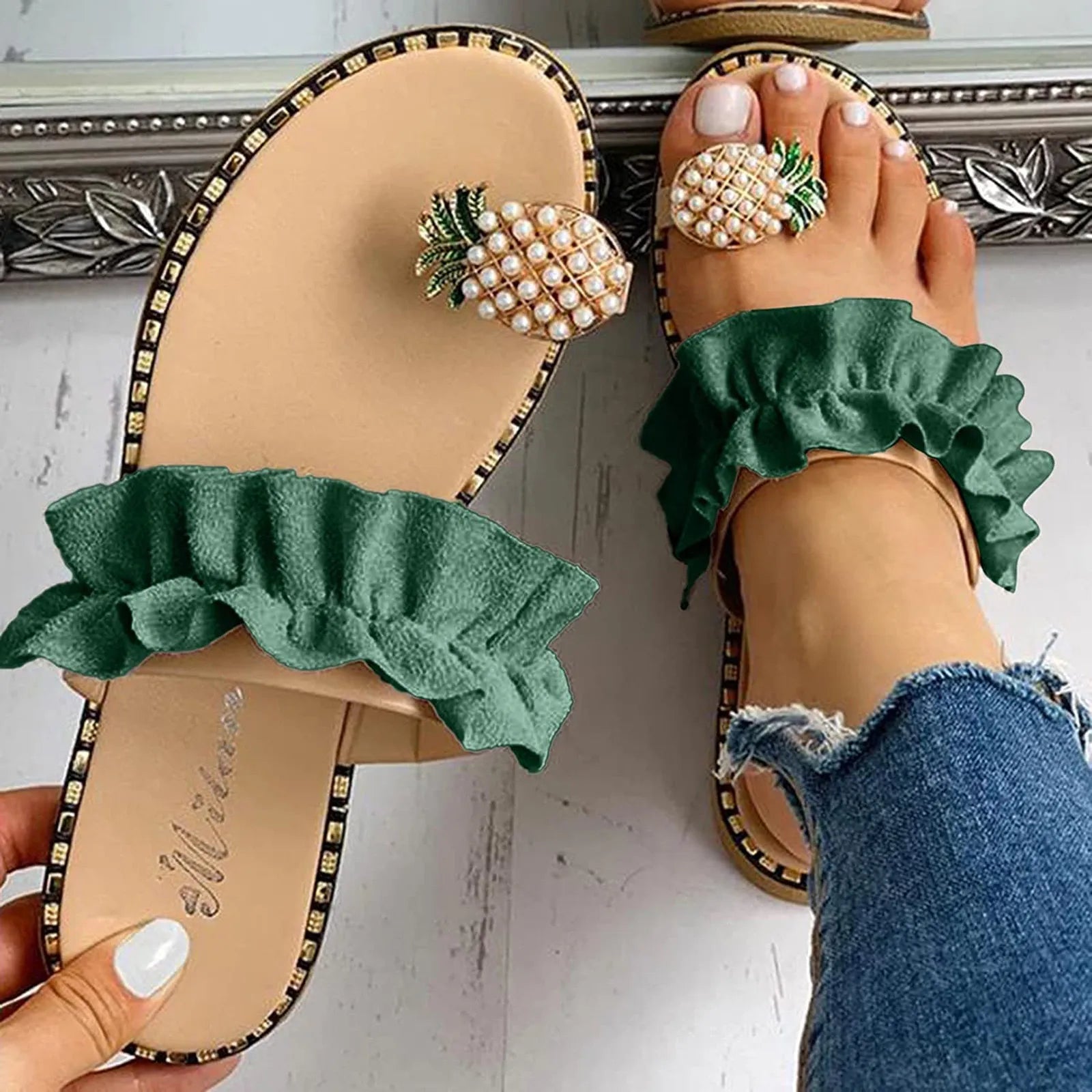 Women Slipper Pineapple Pearl Flat Toe Bohemian Summer Beach Sandals Ladies Shoes plus size Mujer Verano army green