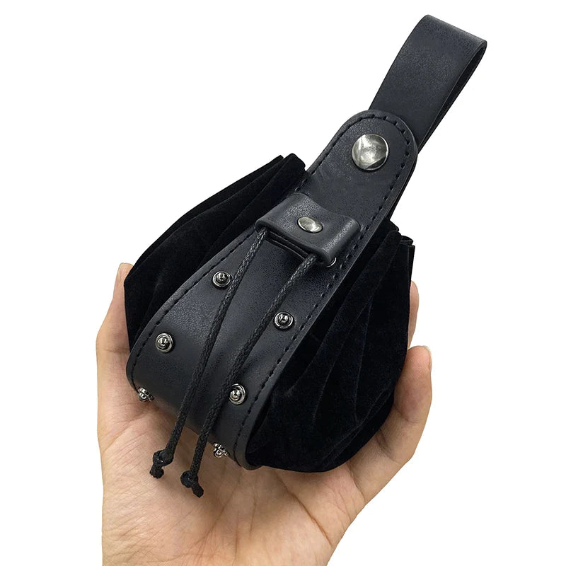 Unisex Medieval Vintage Money Pouch Bag Fanny Pack Belt Costume Props Faux Leather Cosplay Drawstring Bag Portable Coin Purse Black2
