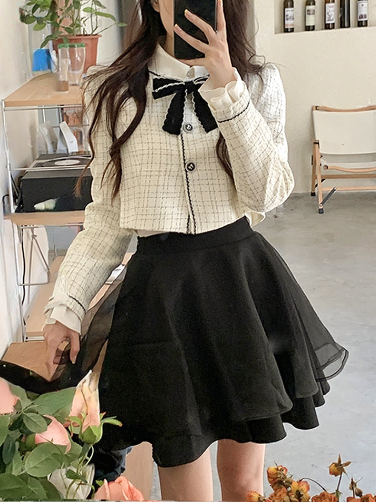 Ensemble 2 pièces élégant et Vintage pour femme, blazer doux, costume Y2k, haut court + Mini jupe, vêtements à la mode coréenne, printemps