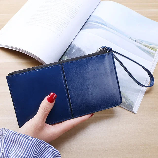 Women's Vintage Oil Wax Leather Zipper Clutch Wallet Female Large Capacity Coin Purse Ladies Wristband Simple Card Holder Wallet Blue