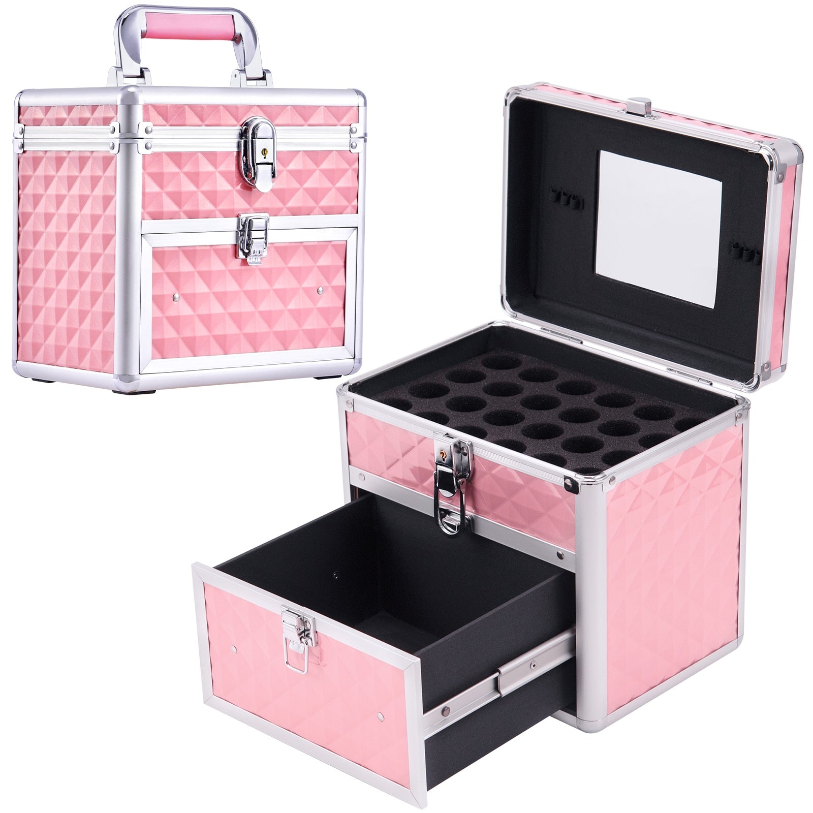 Portable Makeup Box Alloy Make up Train Case Manicure Polish Storage Organzier Beauty Suitcase with Mirror Drawer for Nail Tech fresh pink