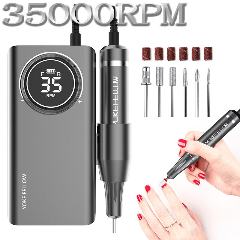 YOKEFELLOW Kit de perceuse à ongles professionnelle 35000 tr/min lime à ongles électrique Portable Rechargeable pour manucure ongles en Gel acrylique