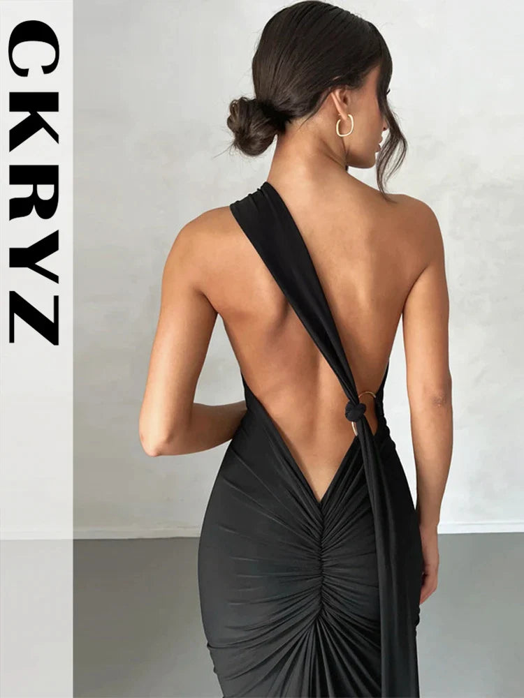 Ladies Night Club Wear Neon Y2K Summer Outfits Women Sleeveless Backless Halter Ruched Bodycon Evening Maxi Dress Birthday Party