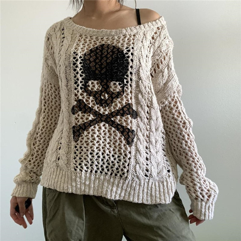 Women Skull Print Cable Knit Sweater Halloween Clorthes Gothic Hollow Out Long Sleeve Round Neck Loose Jumper Tops Fall Knitwear