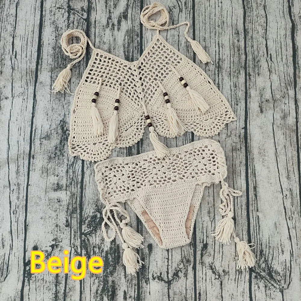 Vintage Boho Hand Crochet Bikini Set Wooden Bead Fringe Crop Swimwear Beige