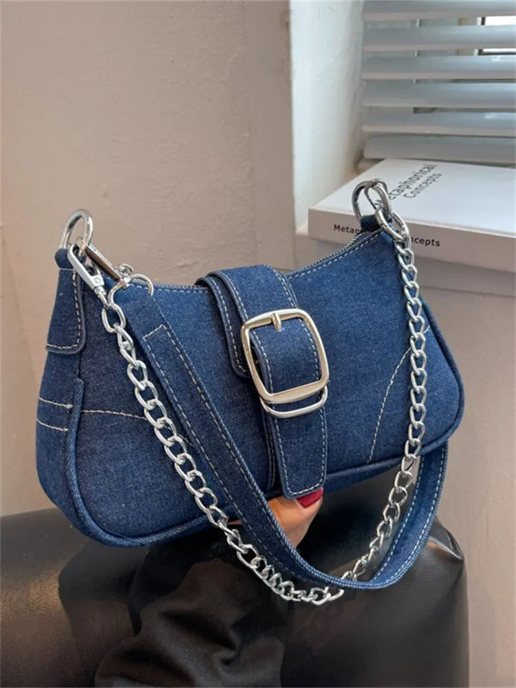 Fashionable Denim Personalized Design Exquisite Texture Shoulder Underarm Small Square Bag Blue