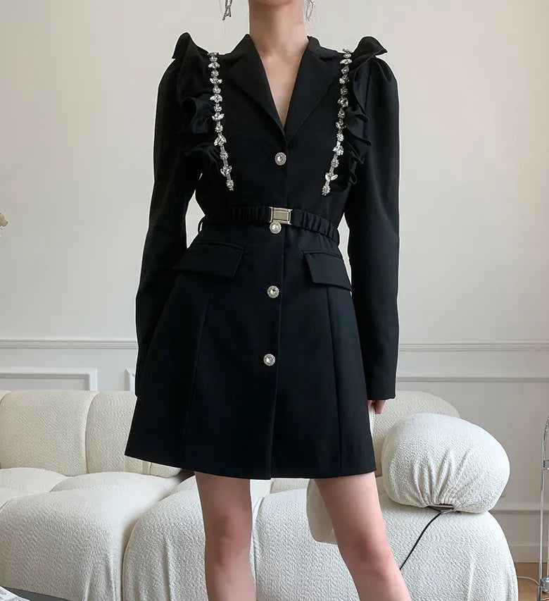 Spring Luxury diamond Suit Blazers Women medium long fashion suit skirt bow long sleeve suit Blazers Cool silver suit 20 colors 9891 Black 1