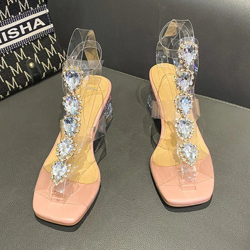 Plastic Sandal Block Heels Summer Sale Of Women's Shoes Suit Female Beige Buckle Strap All-Match Transparent Chunky Fashion Pink