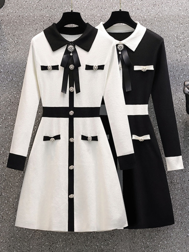 Petit parfum automne hiver tricoté Robe pull femmes noeud papillon boutons Vintage fête Mini Robe élégant décontracté Chic Robe Femme