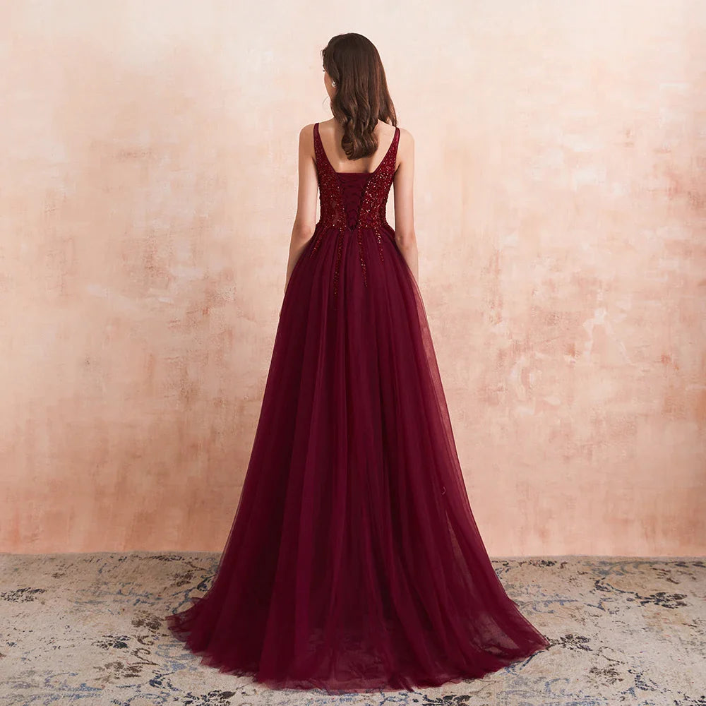 Gorgeous Evening Dresses for Women Sexy Dark Burgundy V Neck Crystal Beaded Beads Drawstring Formal Prom Gown