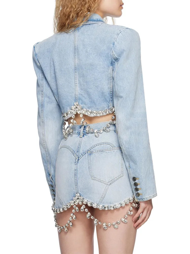 Spliced Diamonds Tassel Denim Two Piece Set For Women Lapel Long Sleeve Coat High Waist Mini Skirt Fashion Set 2023
