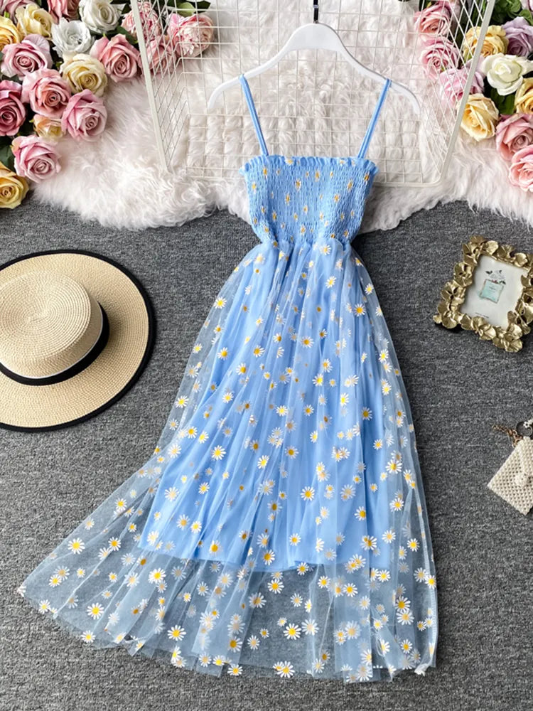 Summer Beach Mesh Floral Dress Women Vintage Elegant Sexy Beach Sundress Woman Party Night Korean Kawaii Vestidos Blue One Size