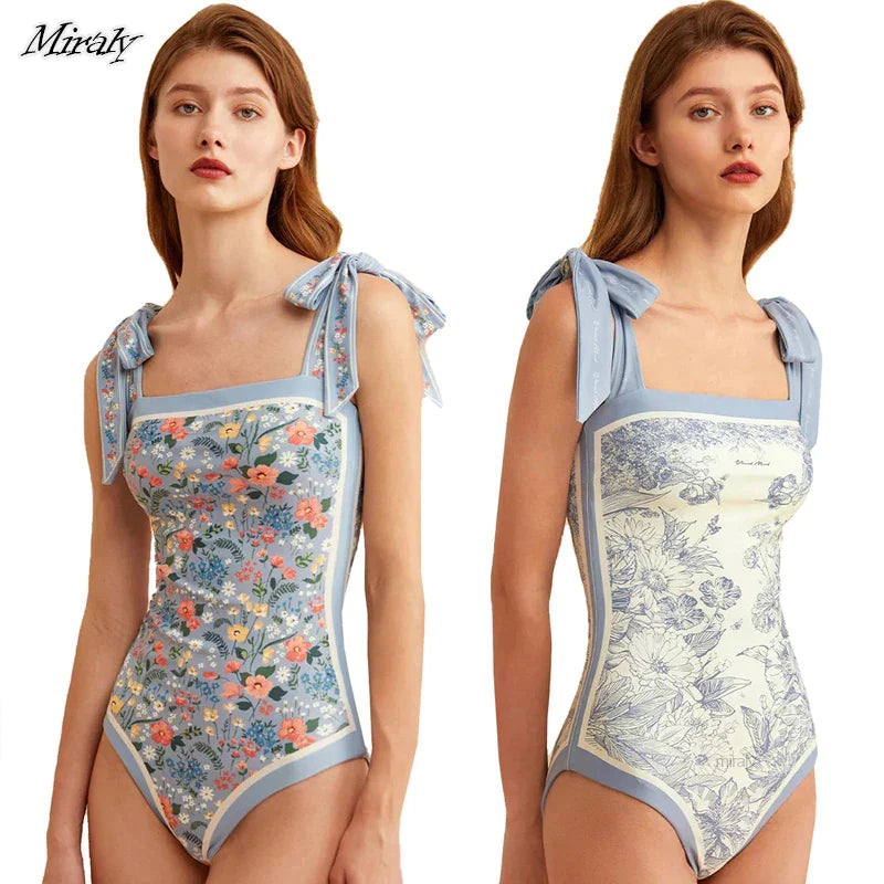 Y2K Fashion Women Floral One Piece Swimsuits Reversible Tie Shoulder Monokini Tummy Control Bathing Suits Square Neck Swimwear