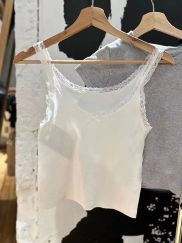 Casual Women Fashion Soft Cotton White Bow Ornament Tanks Summer Vintage O Neck Lace Edge Sleeveless Female Chic Tops