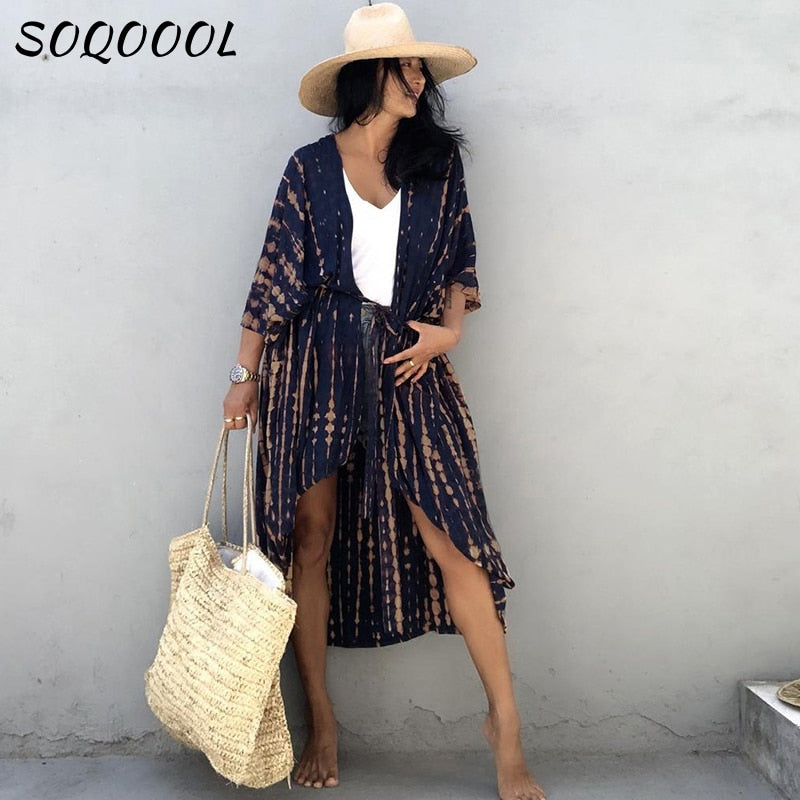 Sexy Bikini Cover-ups Summer Beach Pareo Stripes Loose Kimono Swimsuit Dress Beachwear Boho Bathing Suit Cover Up