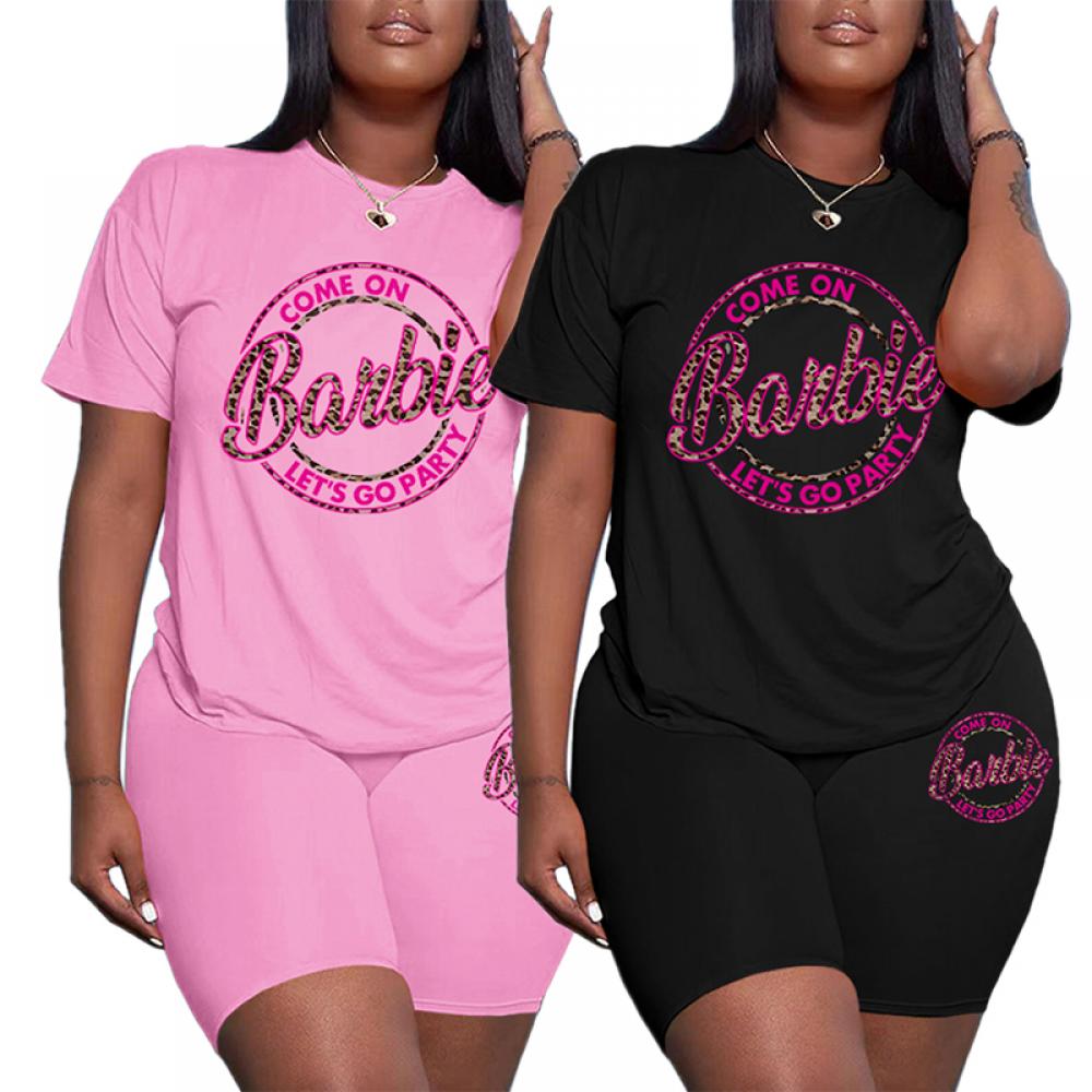 Summer Kawaii Barbie Girls 2Pcs Short Sleeve Shorts Ladies Fashion Casual Soft Sports T-Shirt Short Pants Suit Gifts Plus Size