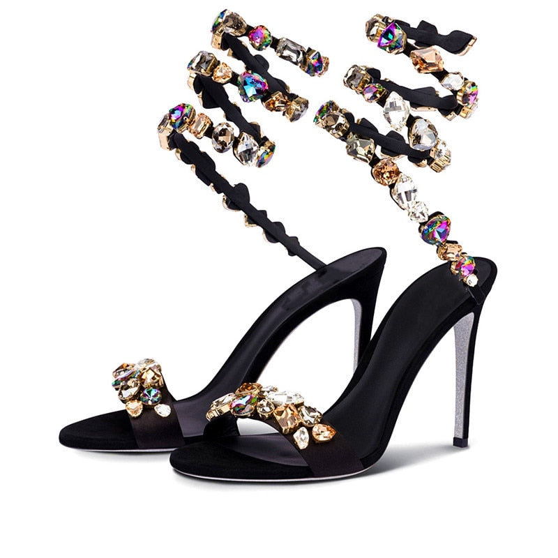 Summer New Colored Diamond Women's High Heel Sandals Water Diamond Fashion Silver Sole Party Party Party High Heel Shoes