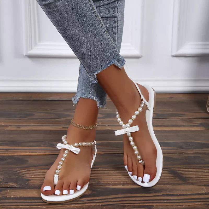 Summer Women's Sandals Fashion Outdoor Flat Beach Sandals Sexy Pearl Bow-knot Shoes Female Clip Toe Flip Flops Slides White
