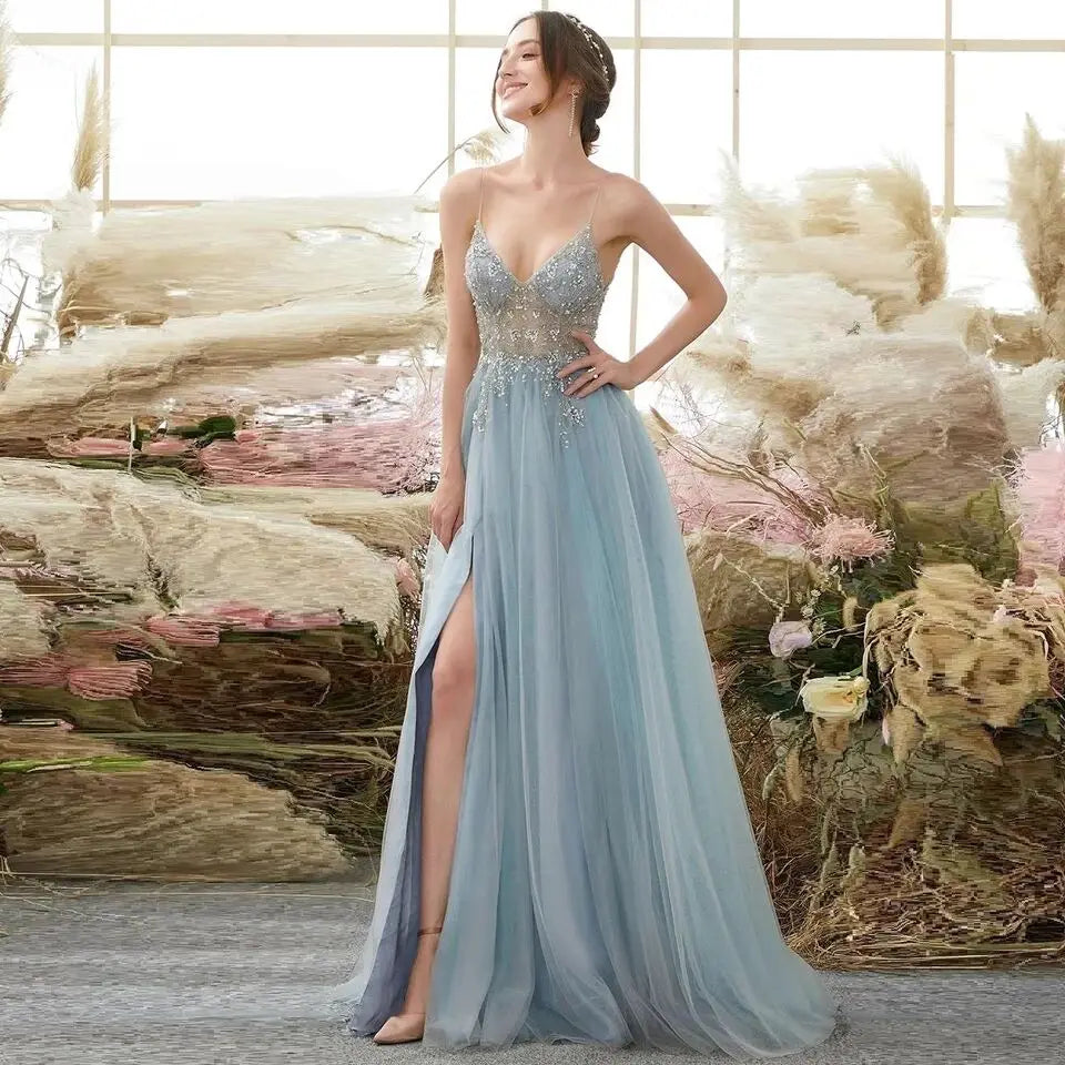 Sexy Prom Dresses with Slit Gorgeous Crystal Beads Backless V Neck Spaghetti Straps Formal Evening Gown picture color