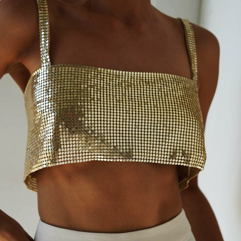 Sexy Metal Sequin Tank Top For Women y2k Summer Beach Backless Crop Top Rave Festival Club Outfits Camisole