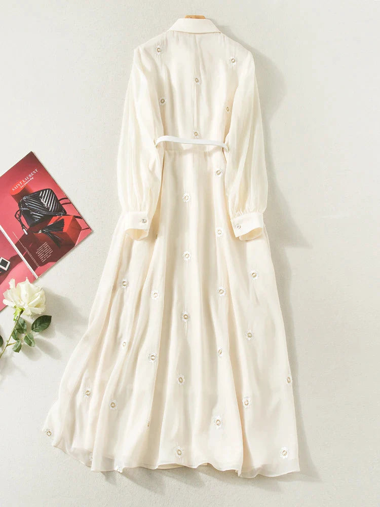 Spring Runway Embroidery Dress Women Elegant Long Sleeve Spring Midi Dress Single Breasted Party Holiday Vestidos